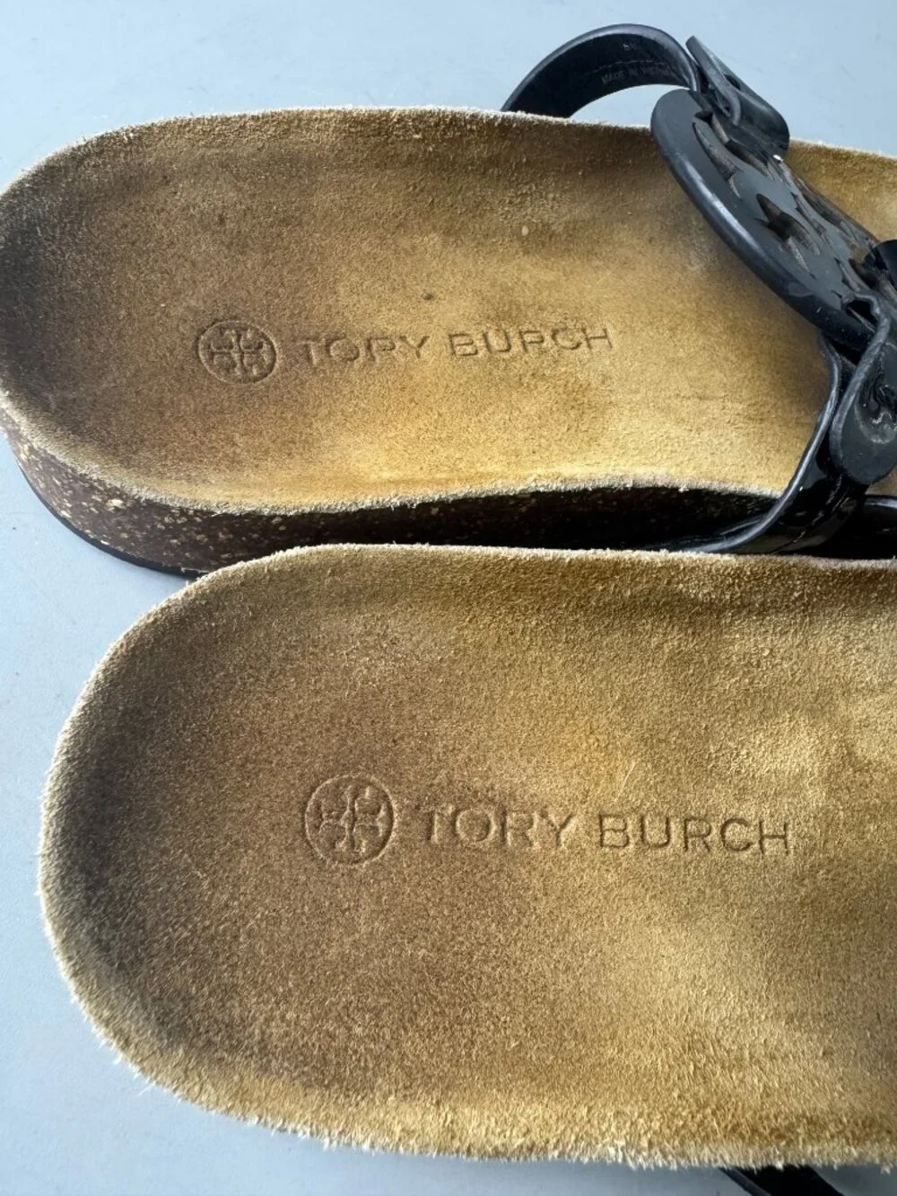 Tory Burch Miller Cloud Patent Cork Black Thong Sandals, Size 8